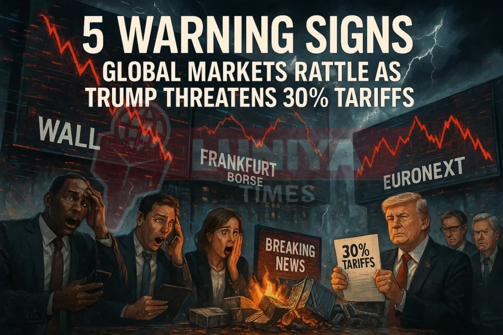 Illustration shows panicked traders and crashing global stock markets (Wall Street, Frankfurt Börse, Euronext) as Donald Trump holds a paper reading “30% Tariffs.” Screens show plummeting red graphs; chaos and fire add to the dramatic scene.