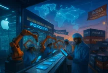 Engineers and robots assemble iPhone 17 devices in a futuristic Foxconn plant in India. Shipping containers labeled “iPhone 17” and a global map highlight exports. A banner reads “India – The Future of Apple Manufacturing.”