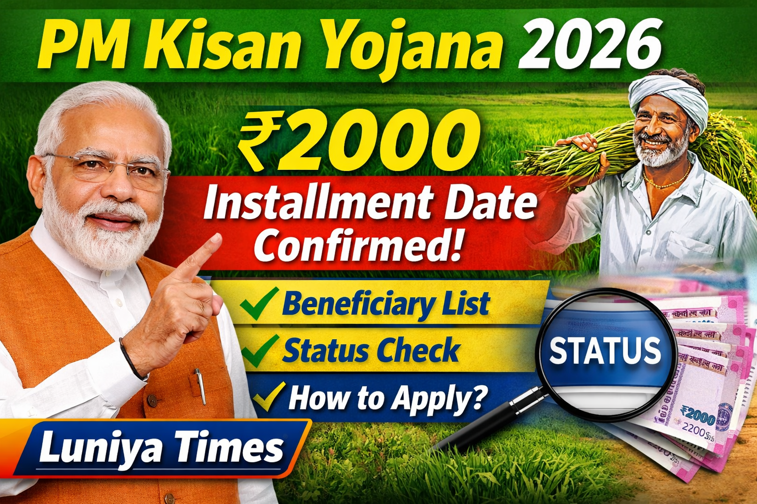 PM Kisan Yojana 2026 thumbnail showing ₹2000 installment update, beneficiary list, and status check with farmer and Indian PM visuals.